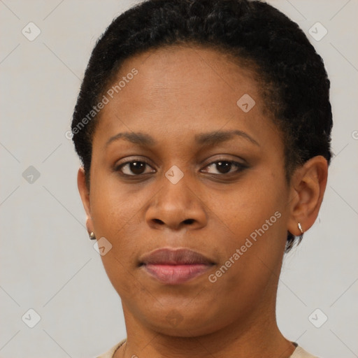 Neutral black young-adult female with short  brown hair and brown eyes