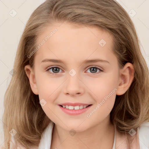 Joyful white child female with medium  brown hair and brown eyes