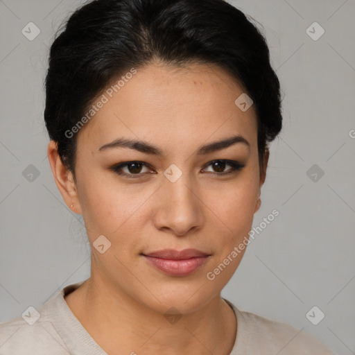 Joyful asian young-adult female with short  brown hair and brown eyes