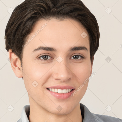 Joyful white young-adult female with short  brown hair and brown eyes