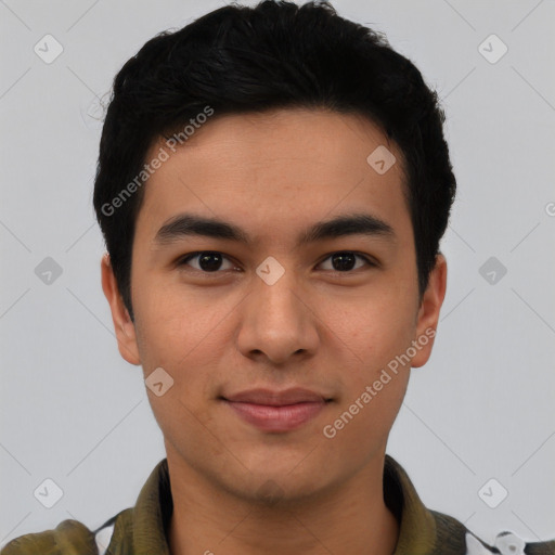 Joyful asian young-adult male with short  brown hair and brown eyes