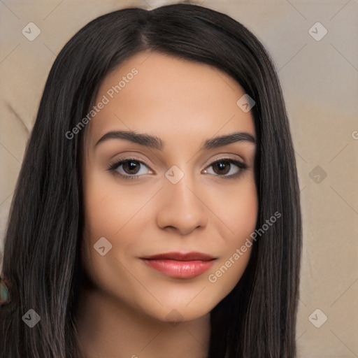 Neutral latino young-adult female with long  black hair and brown eyes