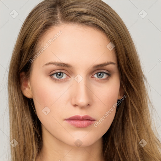 Neutral white young-adult female with long  brown hair and grey eyes