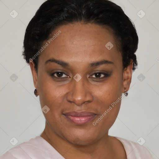 Joyful latino young-adult female with short  black hair and brown eyes