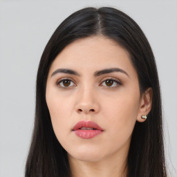 Neutral asian young-adult female with long  black hair and brown eyes