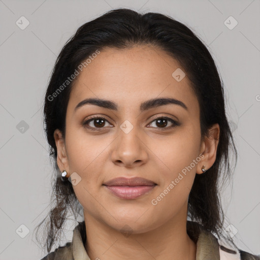 Joyful latino young-adult female with medium  black hair and brown eyes