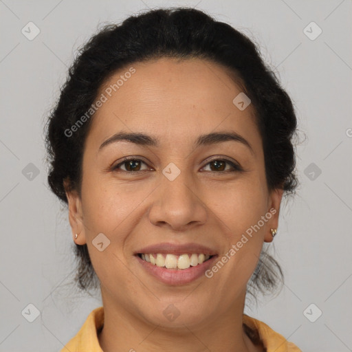 Joyful latino young-adult female with short  brown hair and brown eyes