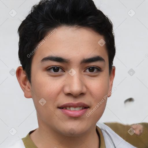 Joyful asian young-adult male with short  brown hair and brown eyes