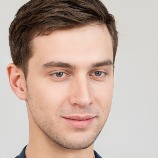 Neutral white young-adult male with short  brown hair and grey eyes