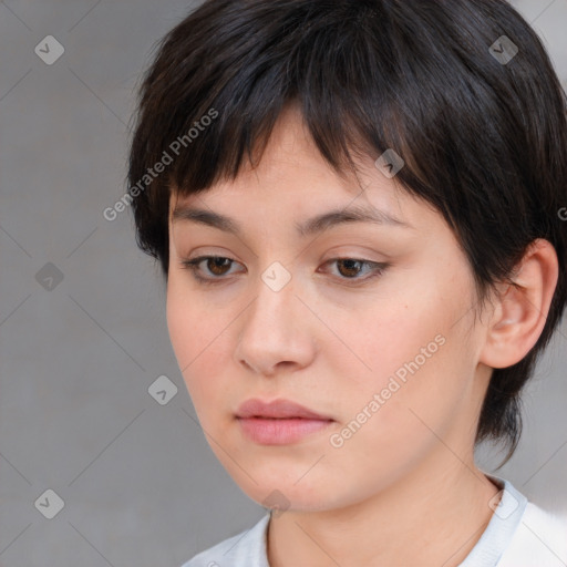 Neutral white young-adult female with medium  brown hair and brown eyes