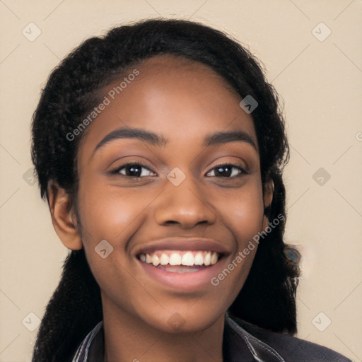 Joyful latino young-adult female with long  black hair and brown eyes