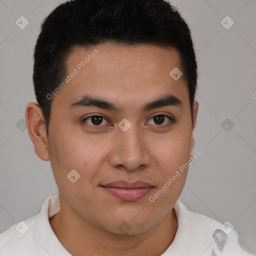 Joyful latino young-adult male with short  brown hair and brown eyes