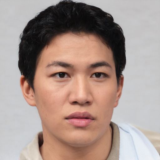 Neutral asian young-adult male with short  black hair and brown eyes