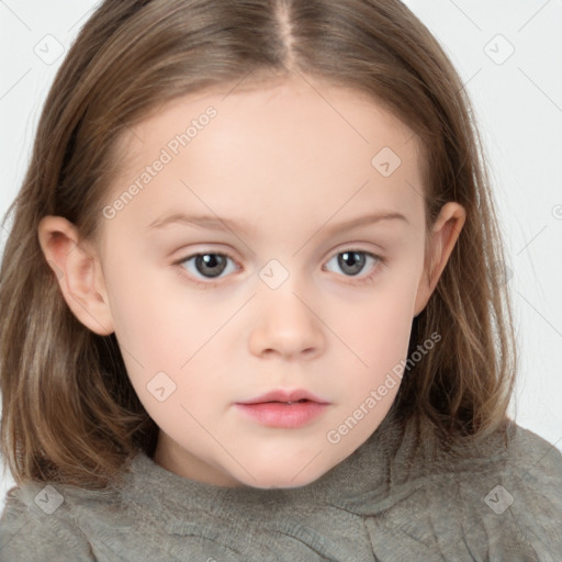 Neutral white child female with medium  brown hair and grey eyes