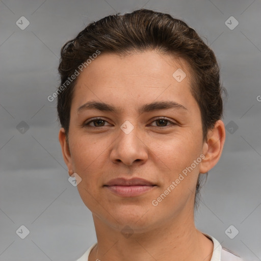 Joyful white young-adult female with short  brown hair and brown eyes