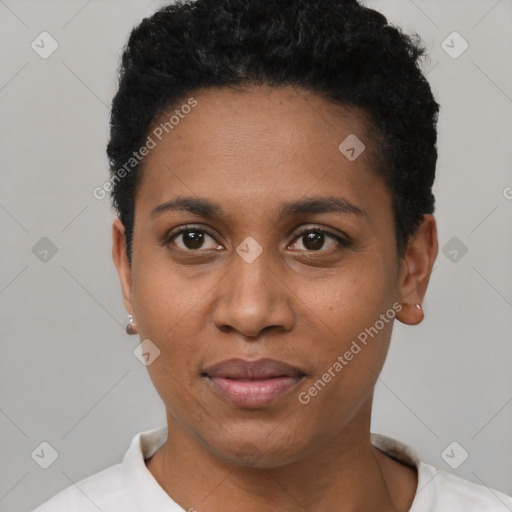 Joyful black young-adult female with short  black hair and brown eyes