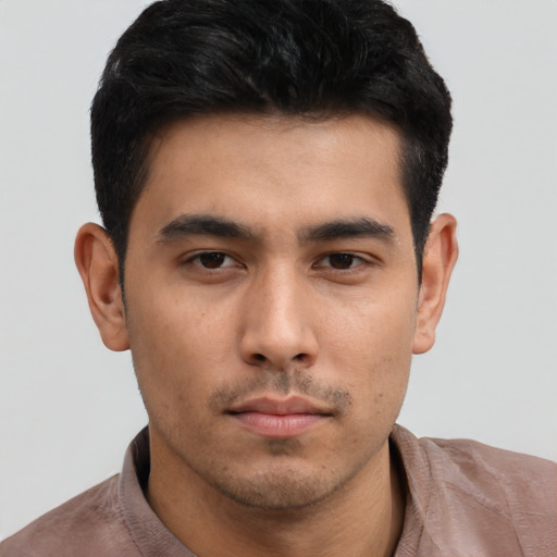 Neutral asian young-adult male with short  black hair and brown eyes