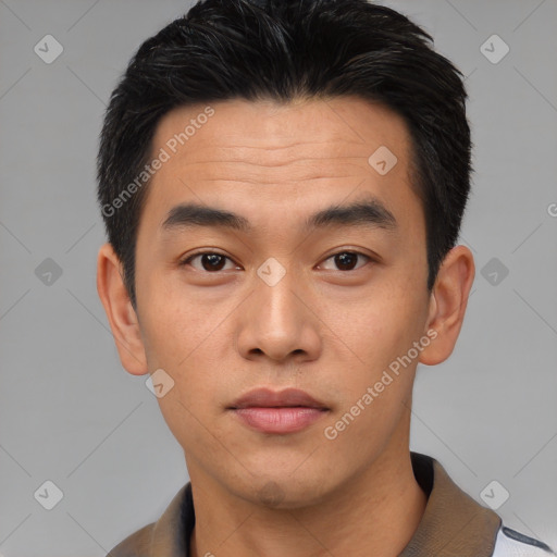 Neutral asian young-adult male with short  black hair and brown eyes