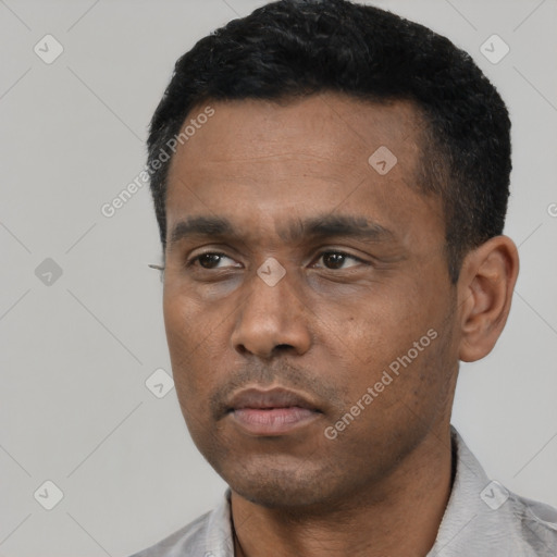 Neutral latino young-adult male with short  black hair and brown eyes