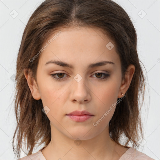 Neutral white young-adult female with medium  brown hair and brown eyes