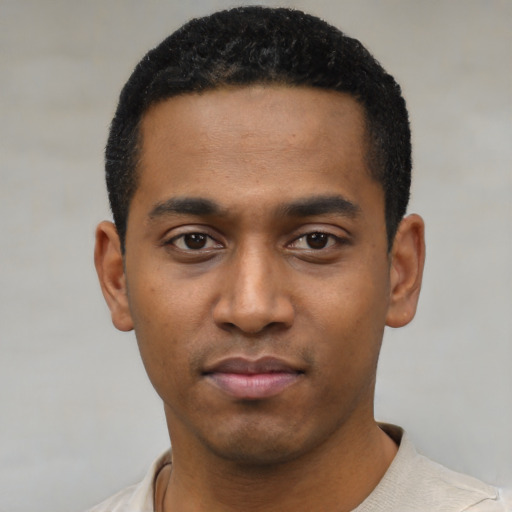 Neutral latino young-adult male with short  black hair and brown eyes