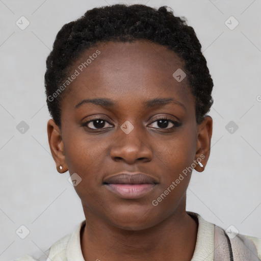 Neutral black young-adult female with short  black hair and brown eyes