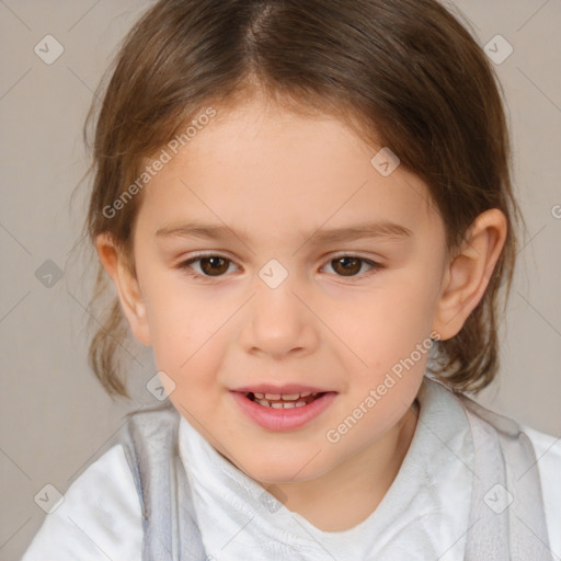 Joyful white child female with medium  brown hair and brown eyes