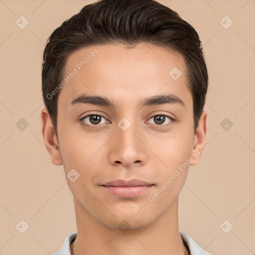 Neutral white young-adult male with short  brown hair and brown eyes