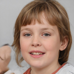 Joyful white child female with medium  brown hair and blue eyes