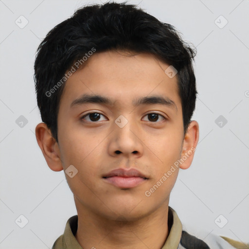 Neutral asian young-adult male with short  black hair and brown eyes