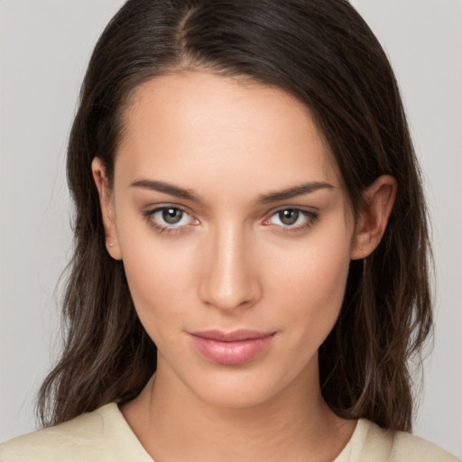 Neutral white young-adult female with medium  brown hair and brown eyes