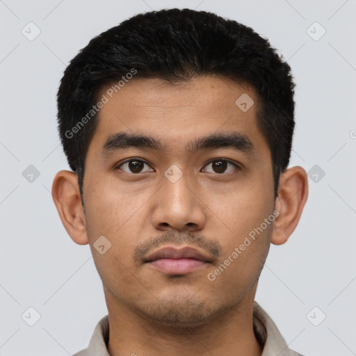 Neutral latino young-adult male with short  black hair and brown eyes