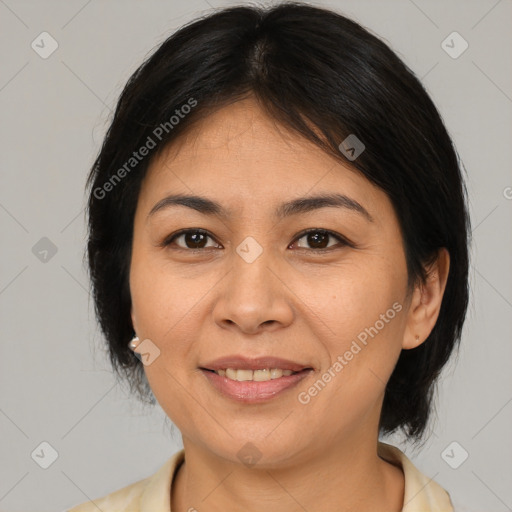 Joyful latino young-adult female with medium  brown hair and brown eyes