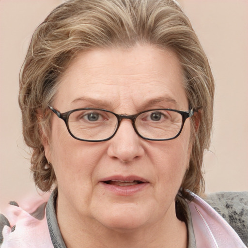 Joyful white middle-aged female with medium  brown hair and blue eyes