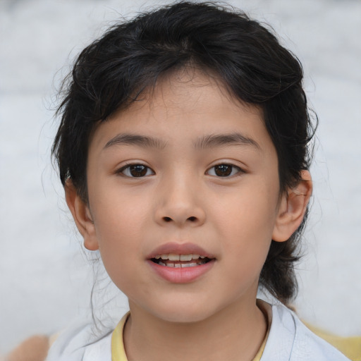 Joyful asian child female with medium  brown hair and brown eyes