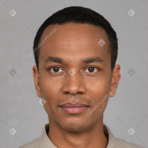 Neutral latino young-adult male with short  black hair and brown eyes