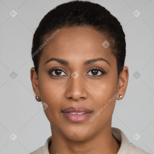 Joyful black young-adult female with short  brown hair and brown eyes