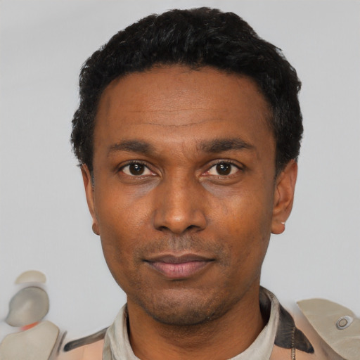 Neutral black young-adult male with short  black hair and brown eyes