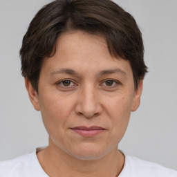 Joyful white adult female with short  brown hair and brown eyes