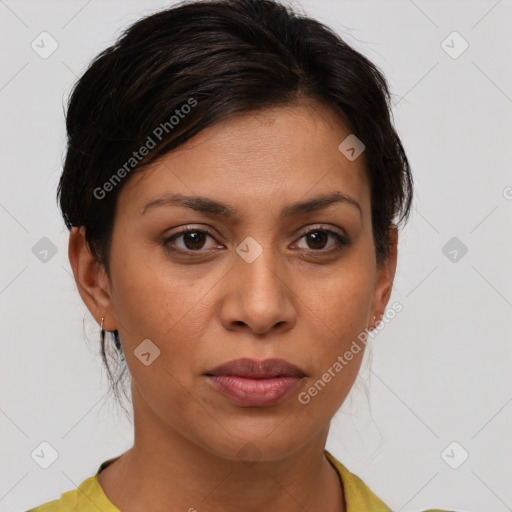 Joyful white young-adult female with medium  brown hair and brown eyes