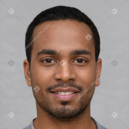 Neutral latino young-adult male with short  black hair and brown eyes