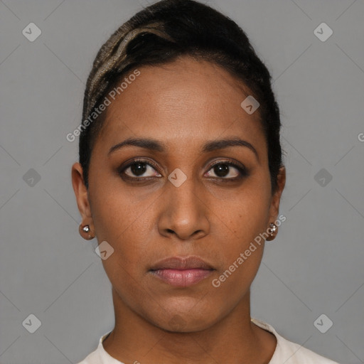 Neutral black young-adult female with short  brown hair and brown eyes