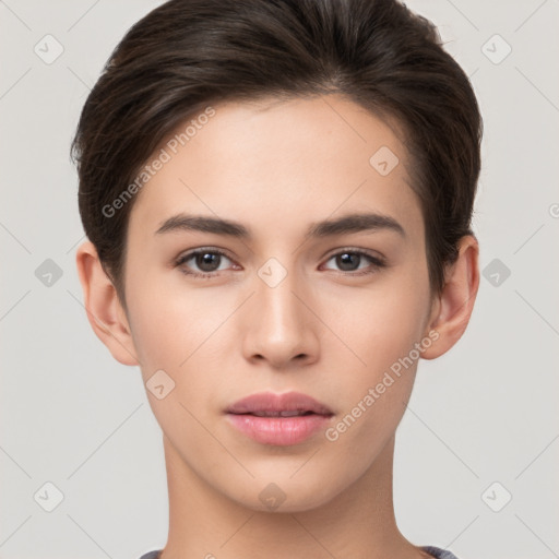 Neutral white young-adult female with short  brown hair and brown eyes