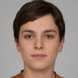 Neutral white young-adult female with short  brown hair and brown eyes