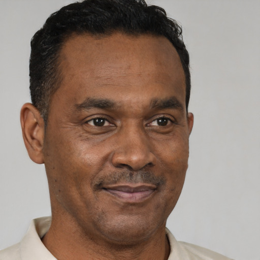 Neutral black adult male with short  brown hair and brown eyes
