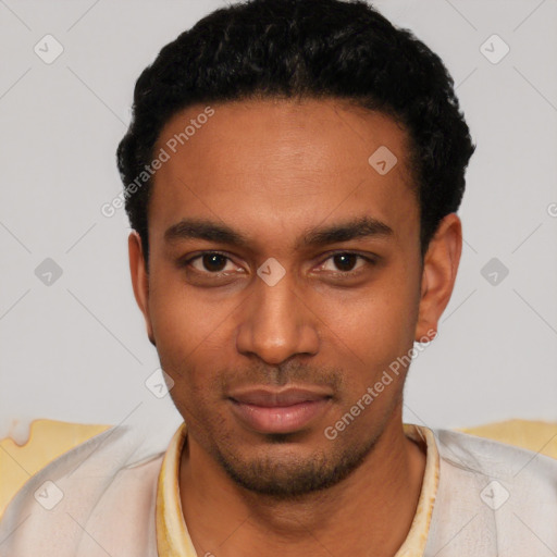Neutral latino young-adult male with short  black hair and brown eyes
