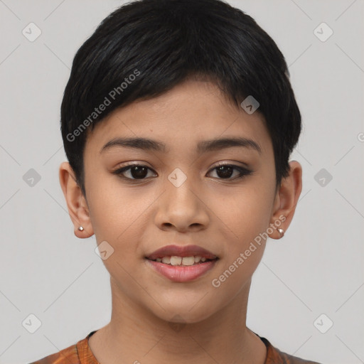 Joyful asian young-adult female with short  black hair and brown eyes