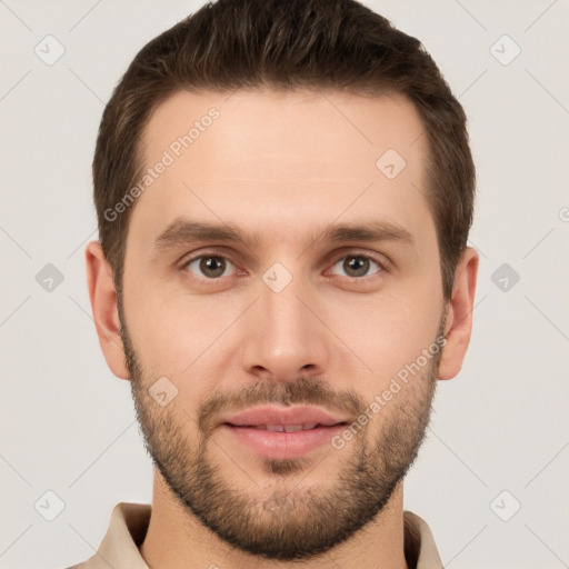 Joyful white young-adult male with short  brown hair and brown eyes