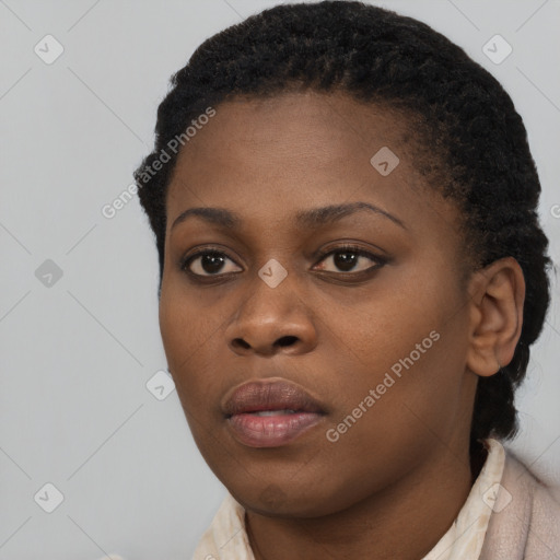 Neutral black young-adult female with short  black hair and brown eyes