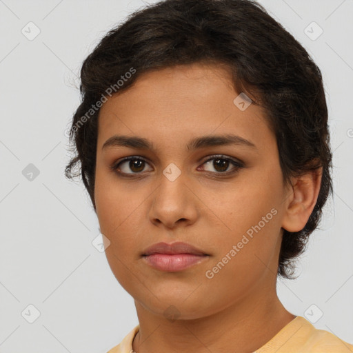 Neutral latino young-adult female with short  brown hair and brown eyes